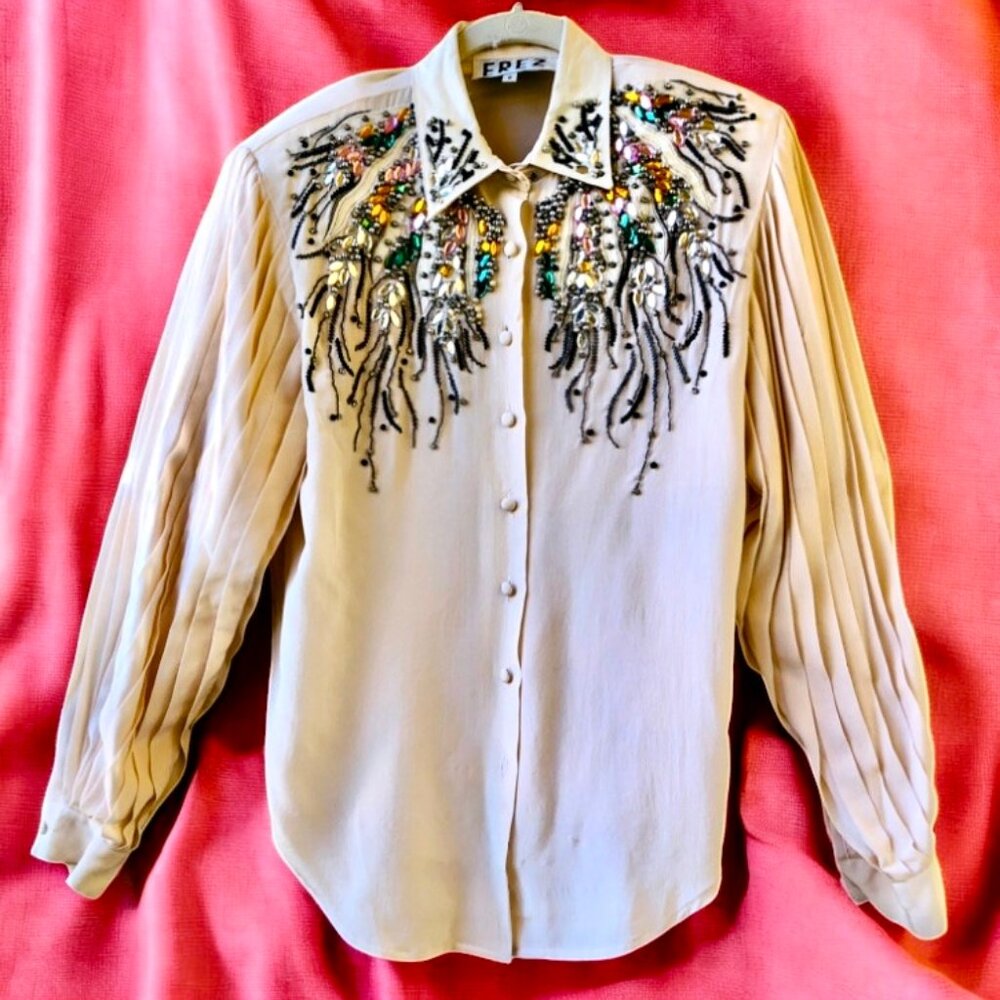 EREZ Vintage 80’s SILK + SNAKESKIN LEATHER Blouse Pleats Beaded BLING - Picture 2 of 16